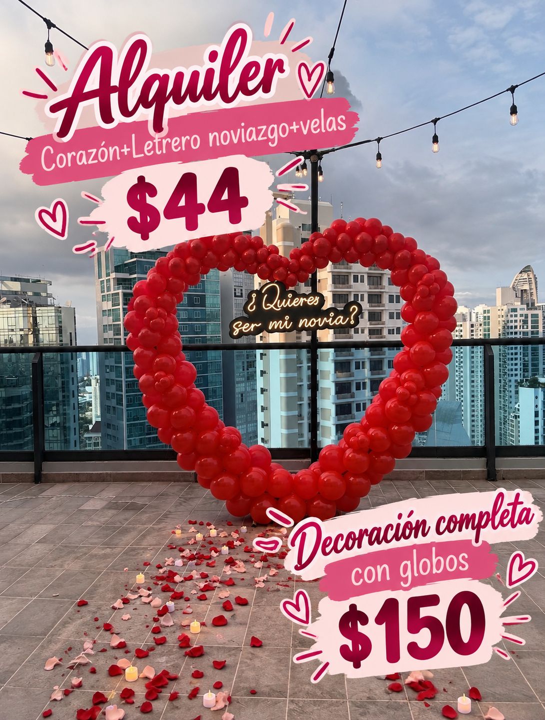 Alquiler de arco corazón desde $44 y decoración completa con globos desde $150